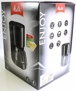 Auf dem Bild ist die Verpackung der Melitta 100201 bk Enjoy Kaffeefiltermaschine zu sehen.